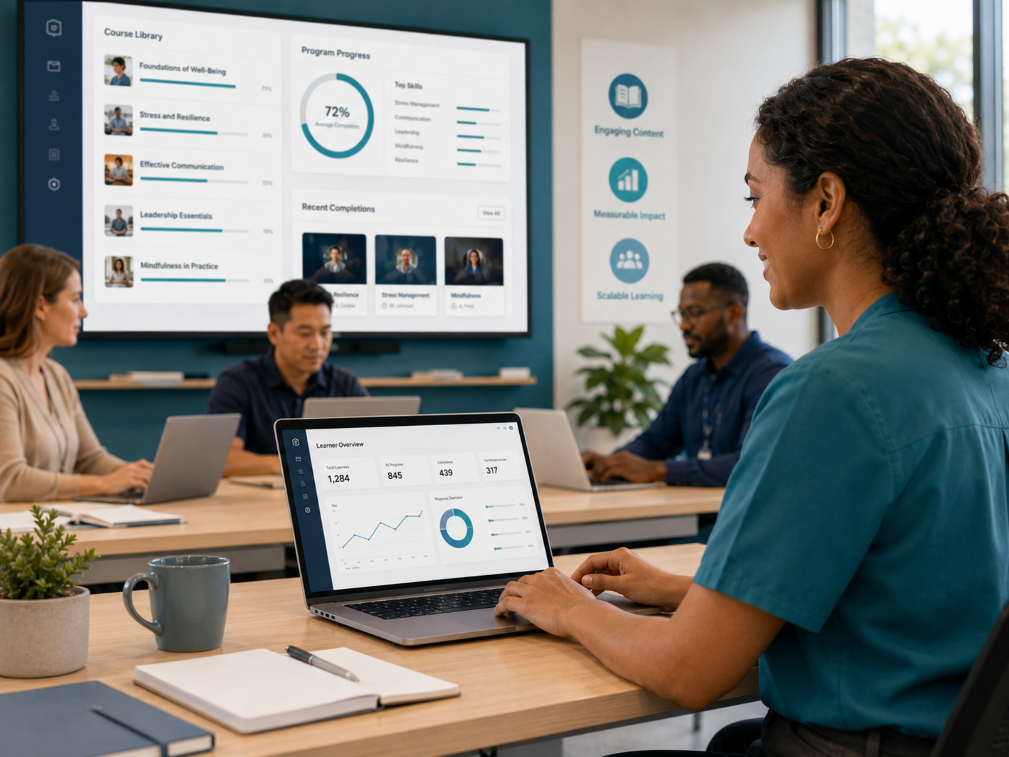 Team engaging with a scalable online learning dashboard in a professional setting